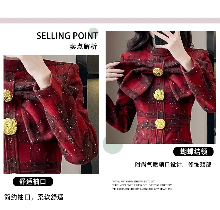 New Autumn Winter Plaid Wool Stand Collar Party Mini Dress Sweet Women Chic Big Bow Gold Buttons High Waist Slim Short Vestidos