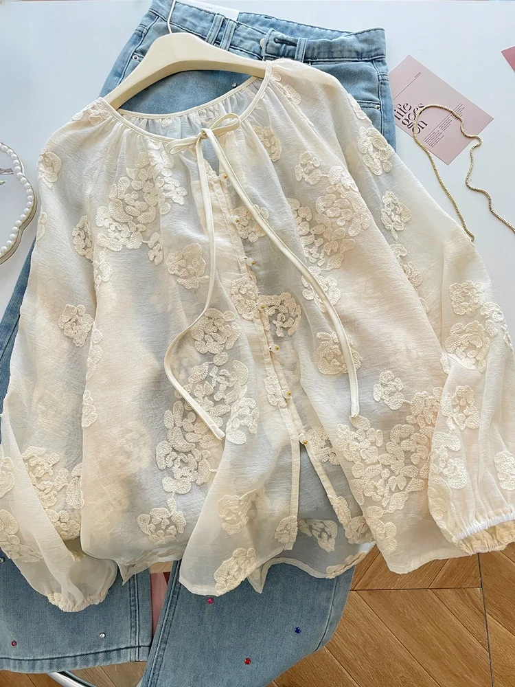 

New Chinese Sle Heavy Embellied Lace Trim Chiffon irt Women's Spring Autumn Lazy Vintage Belted Long Sve Top