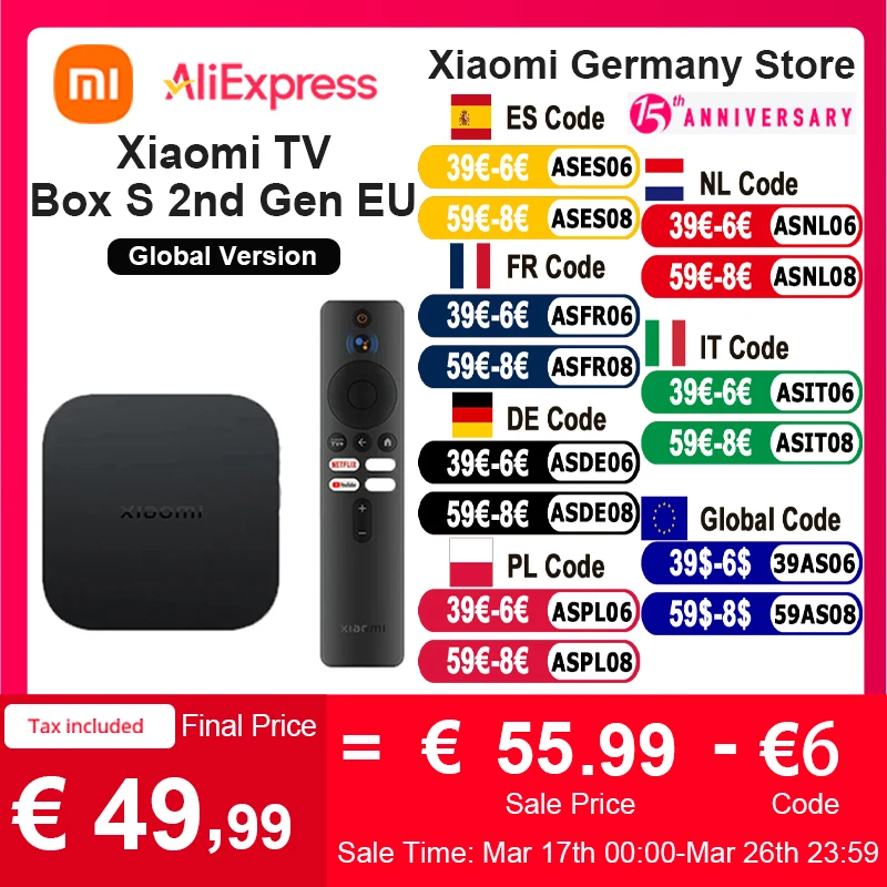 Global Version Xiaomi Mi TV Box S 2nd Gen 4K Ultra HD BT5.2 2GB 8GB Google TV Google Assistant Smart TV Box