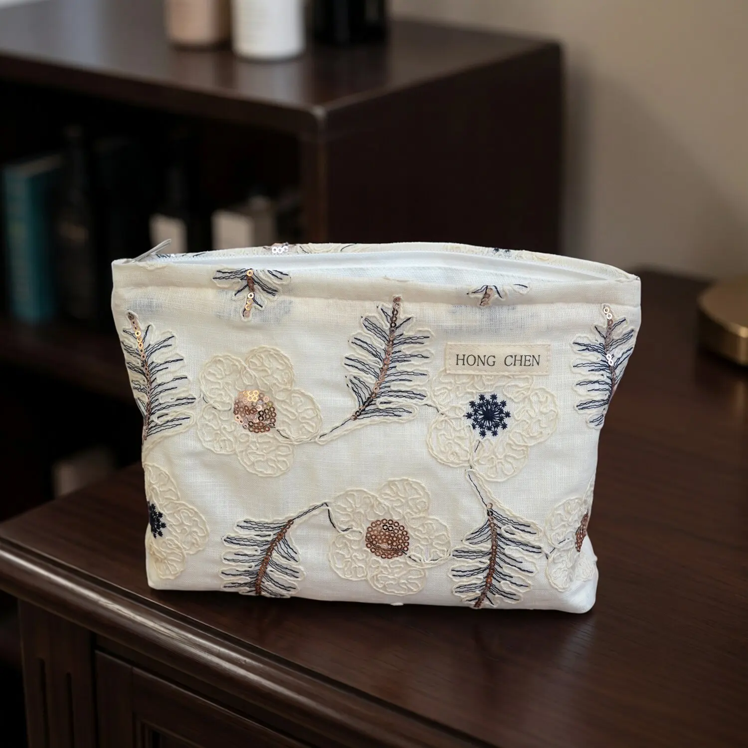 Vintage Style Sequined Floral Embroidered Cotton Cosmetic Pouch Elegant Portable Travel Toiletry & Sanitary Napkin Storage Bag