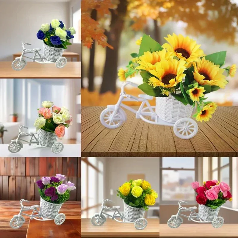 Romantic And Cute Simulation Flower Decorations Rattan Flower Basket Tricycle Bicycle Model Home Garden Wedding Party Decoration