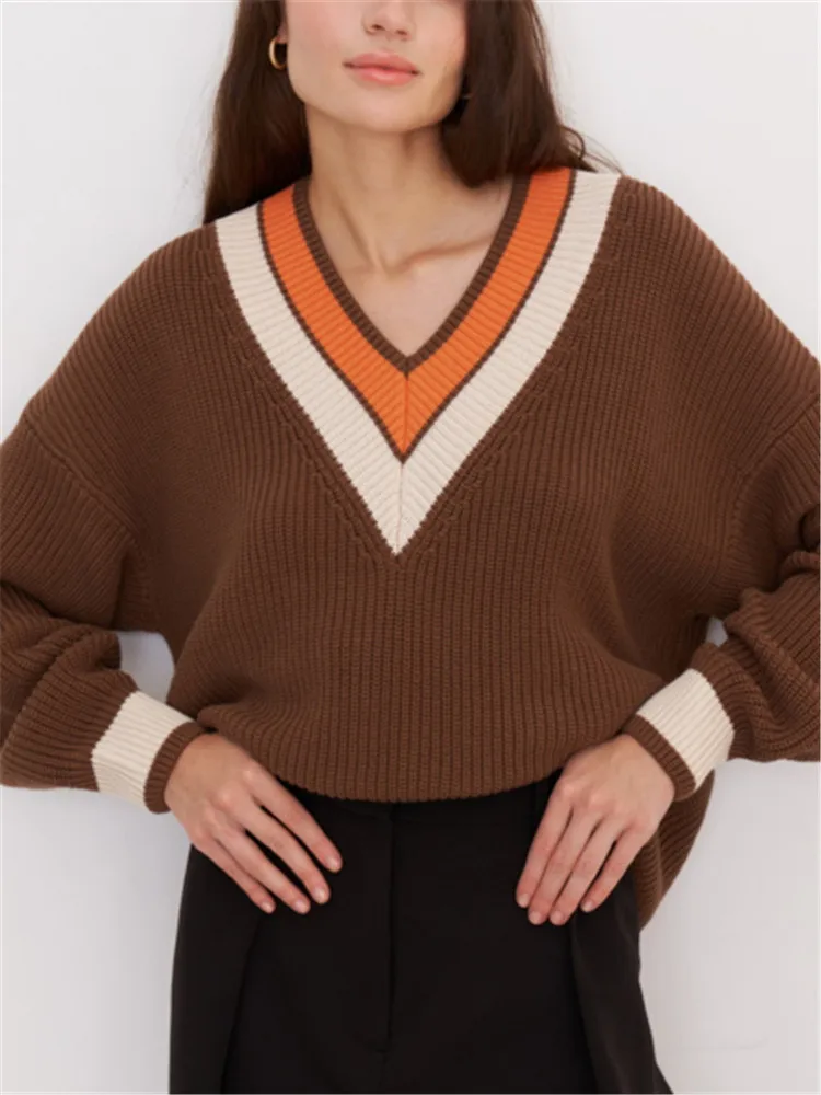 Autumn Winter Women\'s Sweater Striped Brown Knitted Sweater Oversized Warm Loose Jumper Thick Vintage V-neck Sweaters for Women