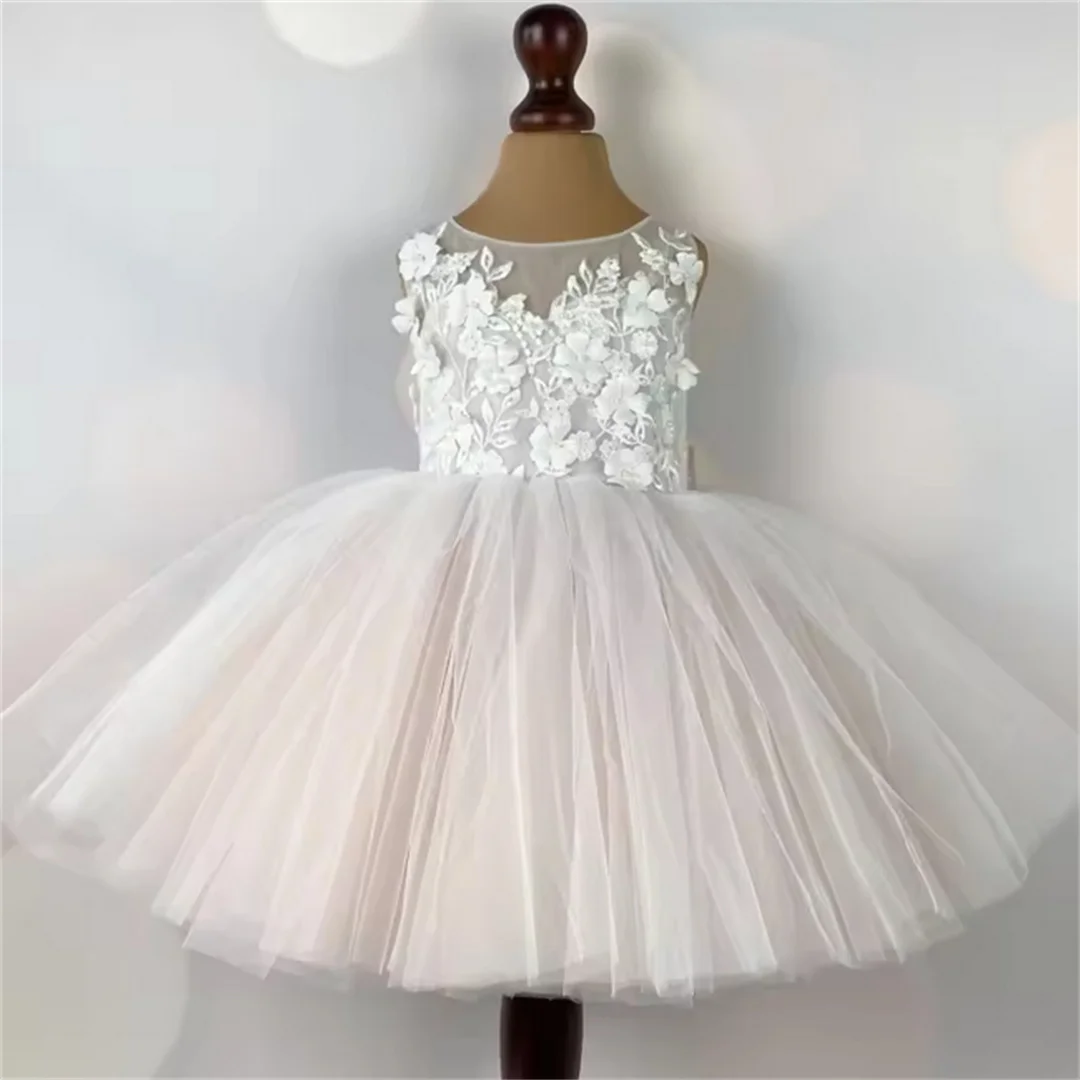 White Flower Girl Dress Tulle Sleeveless With Bow Knee Length For Wedding Birthday First Communion Dress