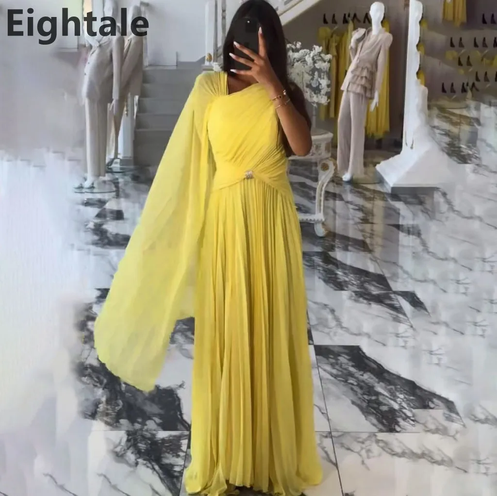 

Eightale 2025 Yellow A Line Chiffon Maxi Evening Dress With Cape Sleeve Saudi Arabic Prom Dress Dubai Party Gown Customized