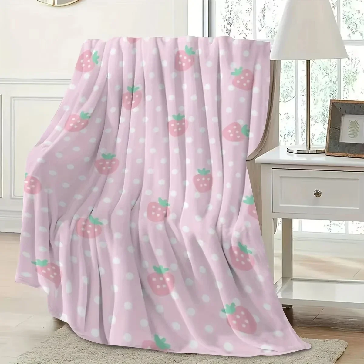 Pink Strawberry Dot Flannel Blanket in Soft Fabric with Single Side 2DPrint for to Bring Sweet Warm Home Relax Cozy Comfort Vibe