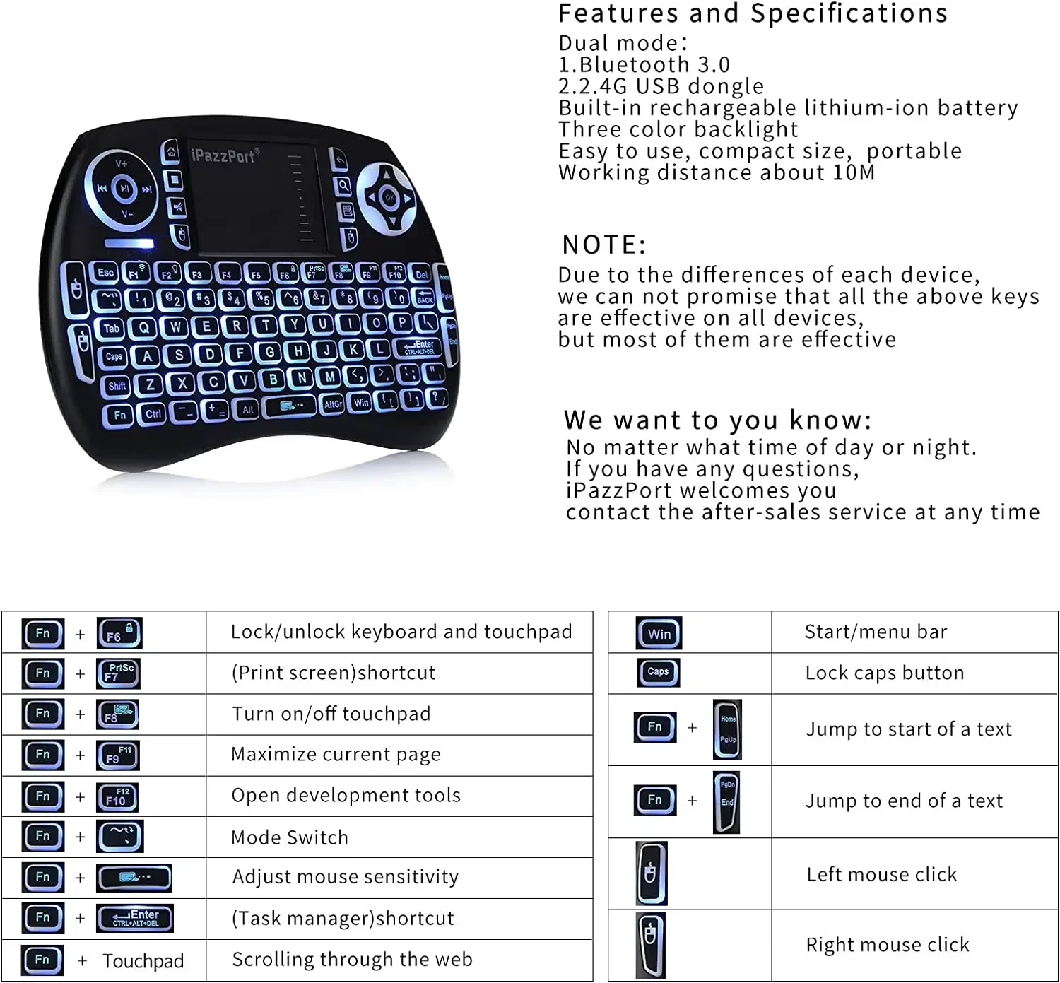 Mini teclado Bluetooth atualizado iPazzPort com touchpad, retroiluminado e recarregável, mod duplo 2.4G para Fire TV/Android/PC/Raspberry Pi