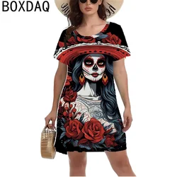 Kobiety Vintage Y2K Style Dress 3D Fun Horror Skull Rose Print Mini Dress Summer Short Sleeve O-Neck Casual A-Line Dress Vestidos