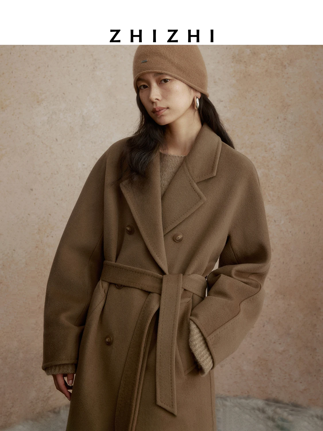 

Классическое коричневое длинное шерстяное пальто для женщин, зимняя высококачественная шерстяная верхняя одежда ZHIZHI Liangzhou Ling, простое прямое пальто для повседневной носки