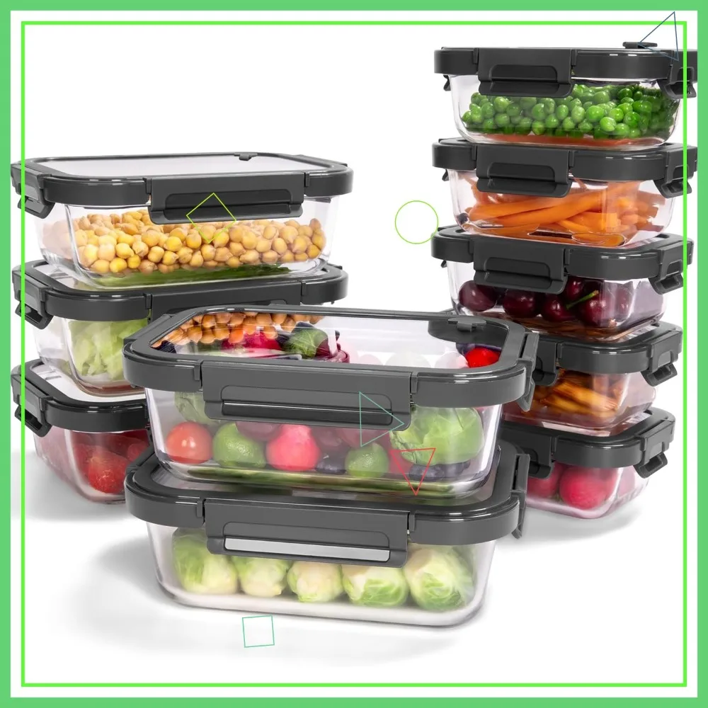 

Набор из 10 контейнеров для хранения продуктов из боросиликатного стекла с герметичными крышками, пригодных для использования в духовке (-4°C) ° F~950 ° Без BPA, можно мыть в посудомоечной машине.