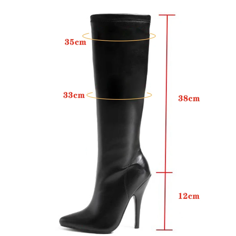 Wine Red 12cm Women Knee High Boots Black Matte Shiny Patent Leather Pointed Toe Zipper Tall Boots Size 45 Metal Heels Shoes