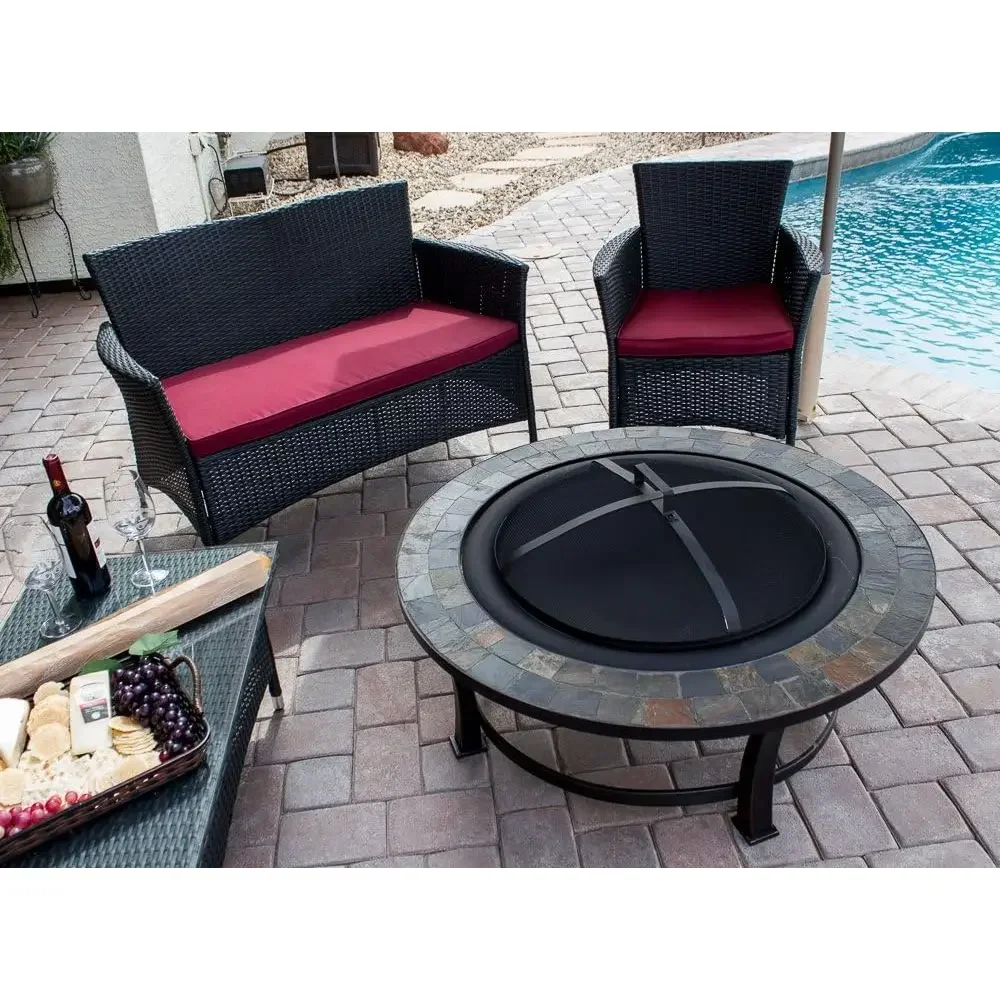 Medium Stone Outdoor Fire Pit with Wooden Grate and Dome Mesh Lid