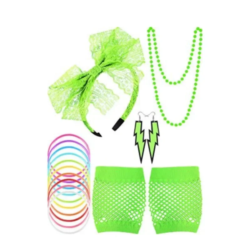 80s Retro Party Halloween Kid Girl Accessories Women Lace Headband Earrings Fishnet Gloves Necklace Bracelet Jewelry Sets Gift