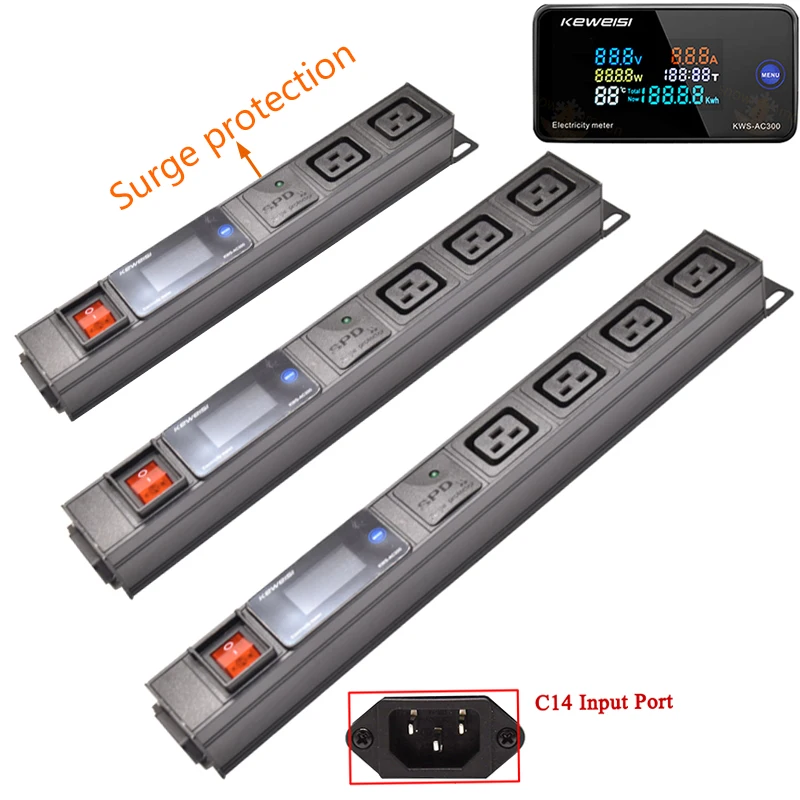 PDU Network cabinet rack power strip, with surge protection C14 input C19 socket LCD AC voltmeter, without extension cord