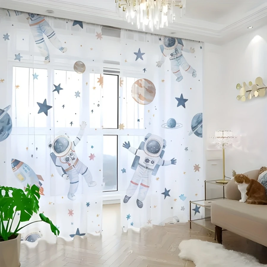 2PCS Digital Printed Sheer Curtain, Planet Astronaut Spaceman, Cosmic Galaxy Sci Fi for Living Room Bedroom Home Decor