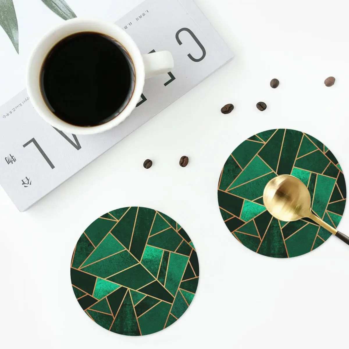 Emerald And Copper Coasters PVC Leather Placemats Waterproof Insulation Coffee Mats for Home Kitchen Dining Pads Set of 4