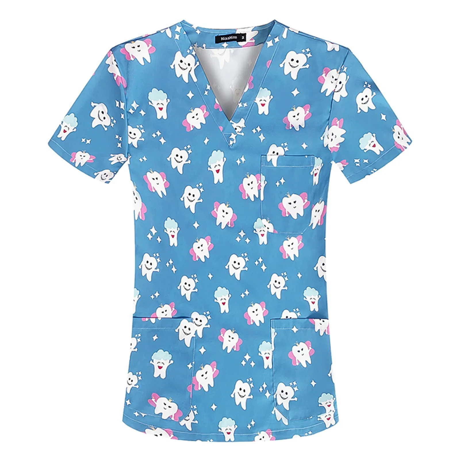 

Cartoon Tooth Print Blouse Women Men Nurse Accessories Clinical Uniform Dentist Work Shirt Short Sleeves Vet Clinic Scrub Tops