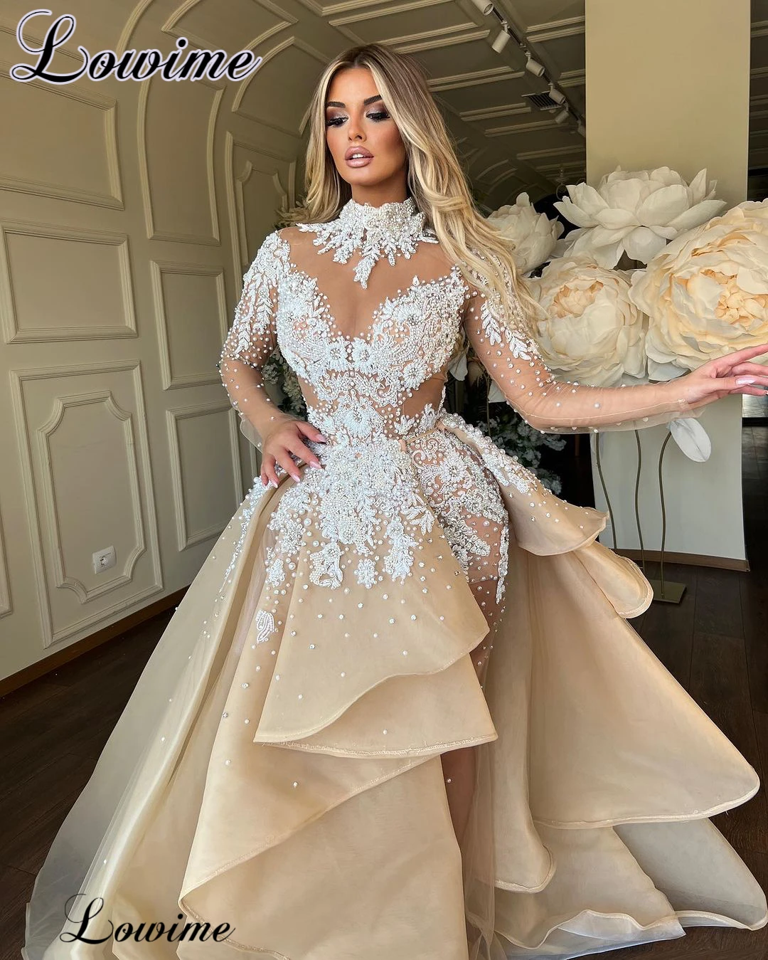 Luxury Beaded Lace Evening Dresses With Detachable Train Pearls Long Sleeves Formal Occasion Dresses Robes De Soirée Party Gowns