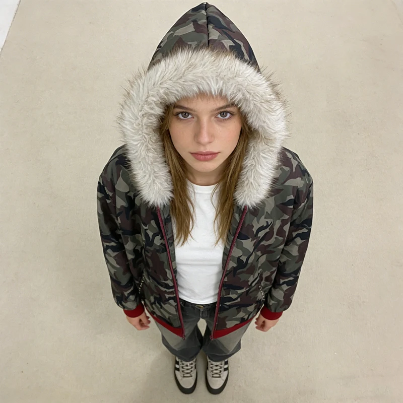 26 new autumn and winter camouflage fur collar hooded sweatshirt zipper fashionable casual top men's and women's outerwear