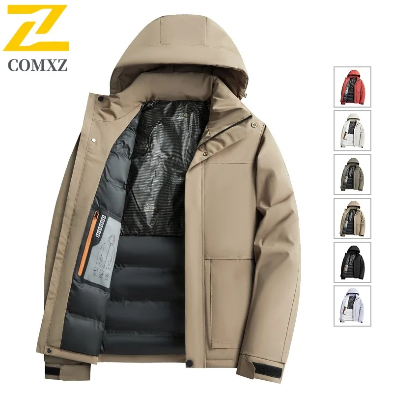 

COMXZ Роскошная повседневная мужская стеганая куртка с капюшоном для поездок на работу, морозостойкая парка для бизнеса и отдыха, легкая уютная толстая зимняя новая одежда