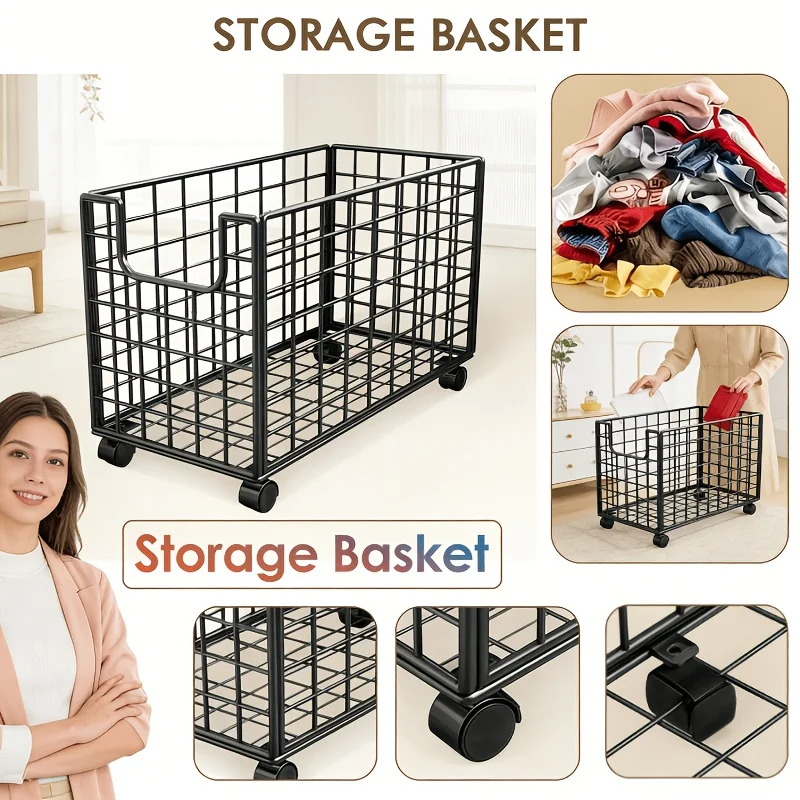 

This Black Metal Storage Basket Comes with Four Casters for Easy Movement And Placement. It'S Suitable for Storing Various Items