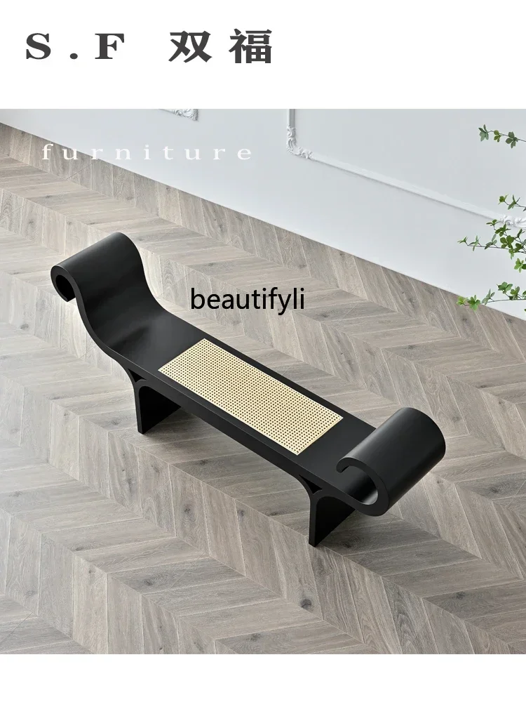 KK32  Zhonggu Rattan Woven Bed End Stool Creative Design Living Room Home Retro Style Shoe Changing Stool B & B Solid Wood Sofa