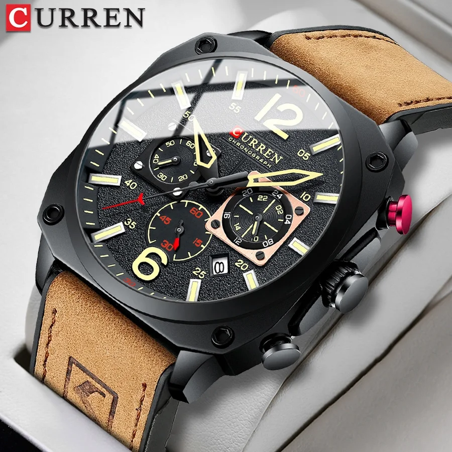 CURREN Brand Luxury Men Brown Quartz Wristwatches for Male Luminous Chronograph Dial Leather Clock Casual Sports Watch