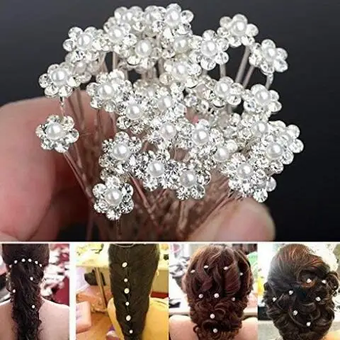 

Женская заколка для волос, 20 шт., вилка для волос из сплава, заколка для волос и бриллиантовый жемчужный цветок, U-образные жемчужные заколки для волос для девочек, густые волосы