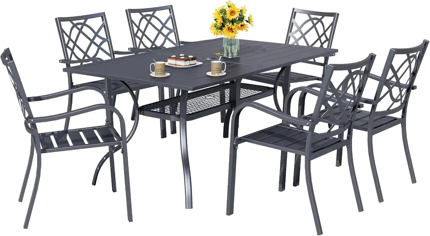 Juego de comedor para patio al aire libre de 7 piezas, juego de mesa y sillas exteriores para 6 personas, de 6, mesa de listones con orificio para sombrilla de 1,57" (negro)