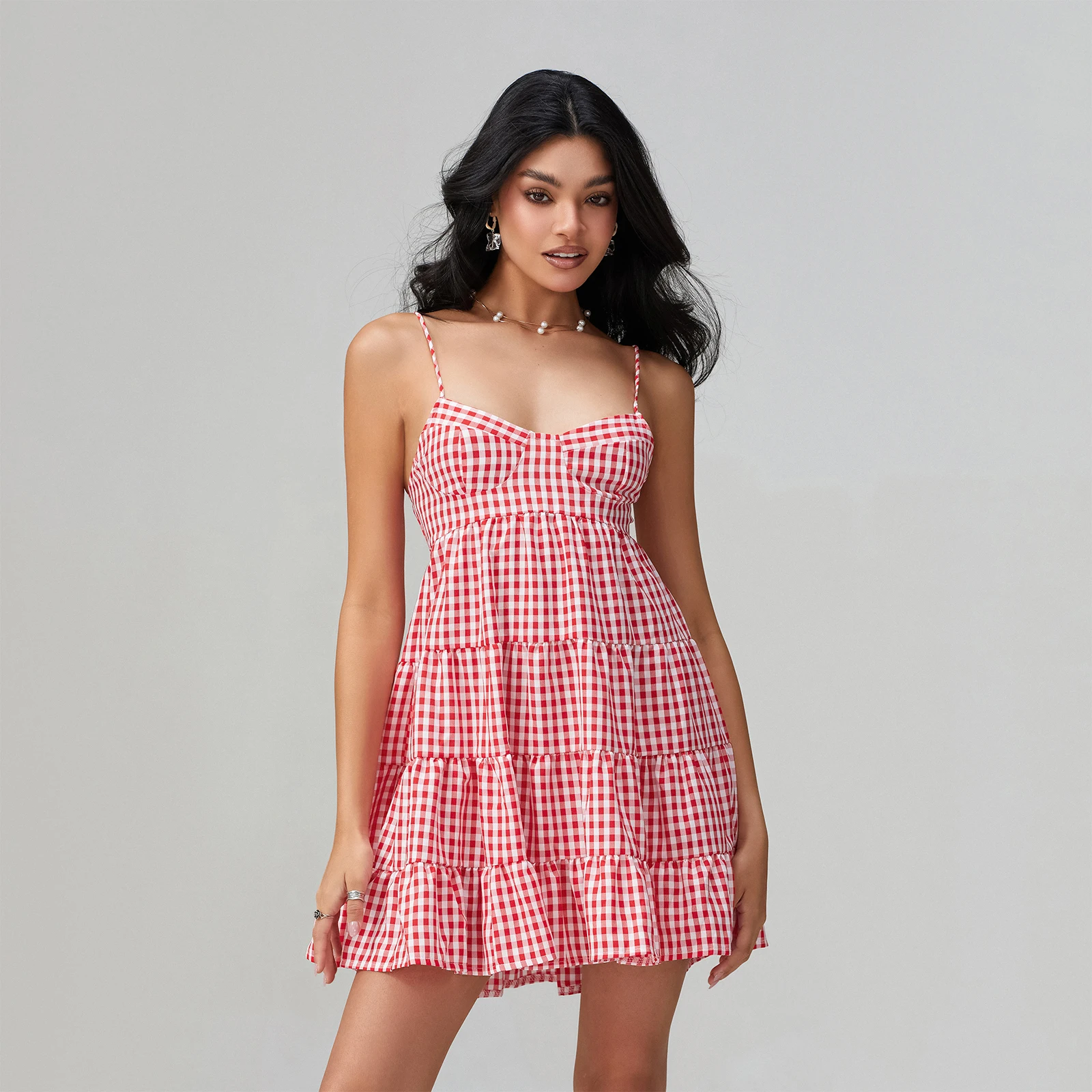 Nuove donne di moda cinturino per spaghetti abito Cami plaid scollo a cuore orlo a strati allacciatura posteriore abiti corti vendita calda SML