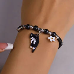 Cute Cartoon Animal Black Cat Daisy Flower Pendant Bracelet for Women Girl Fashion Charm Couple Friendship Bracelets Jewelry