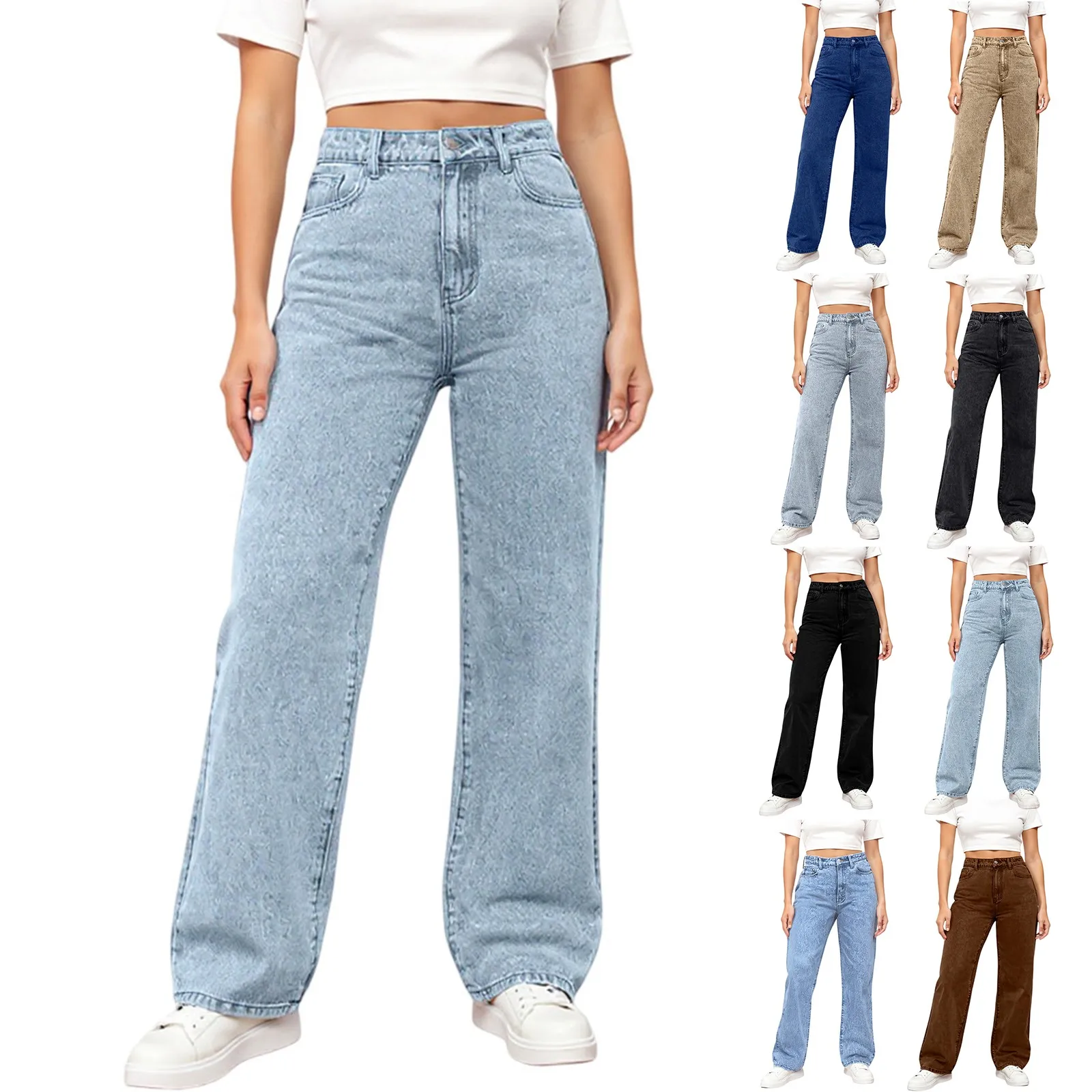 

Women Fashionable High-Waisted Washed Jeans Straight Casual Versatile Denim Trousers Comfort Regular Autumn Winter Clothing