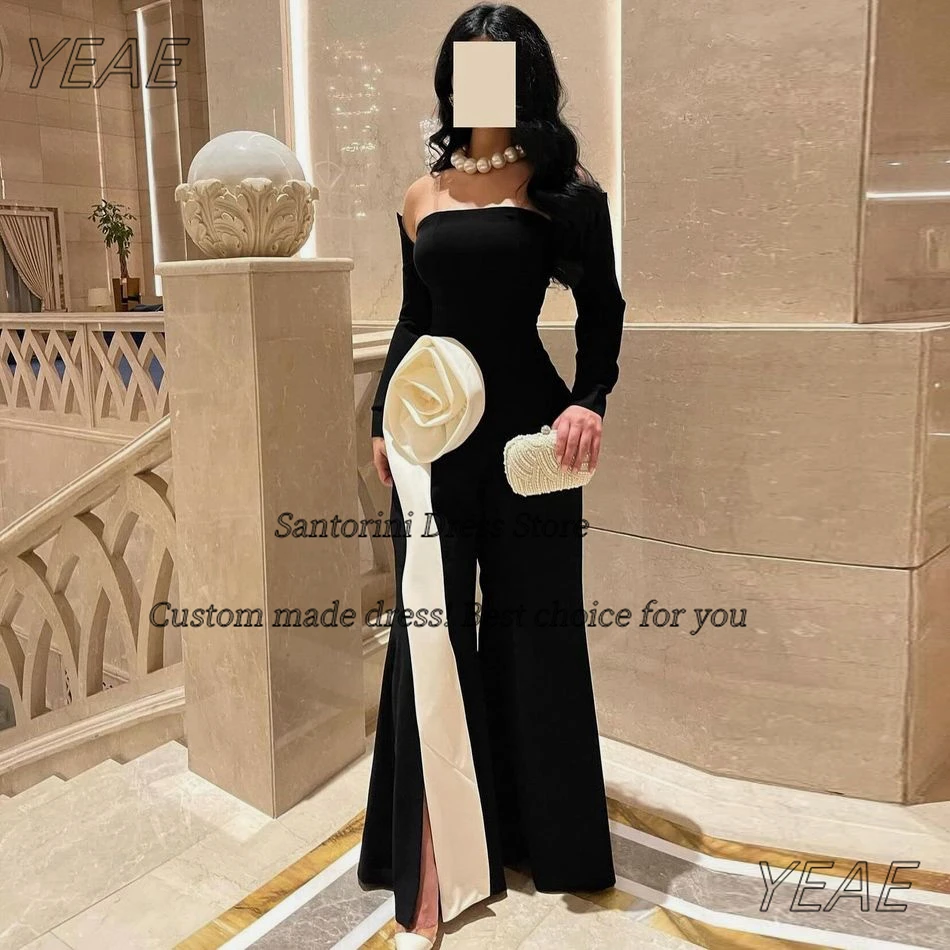 

Santorini Cool Girls Wear Black Jumpsuits for Prom Banquet Strapless Long Sleeves Sash Wedding Party Evening Gowns Pant Suits