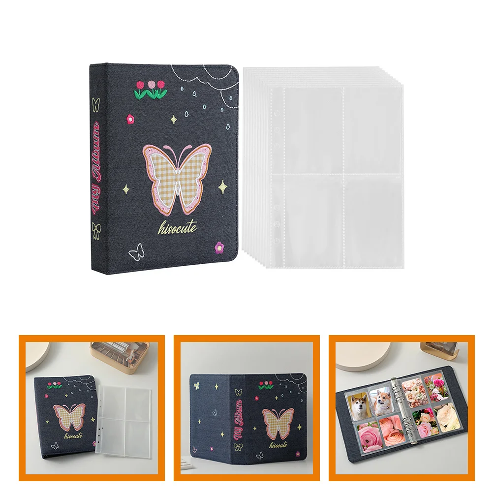 

Butterfly Photo Album A5 4 Grid Pages Denim Cover Lightweight Compact Photo Book Card Holder Blue Color Family Decor