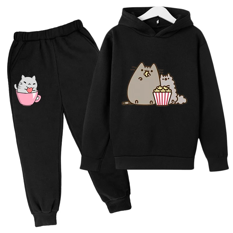 Cute Cat Cartoon Print Hoodie Kids Clothes Funny Sweatshirt For Girls/boys Harajuku Kawaii Winter Children Clothing Sets