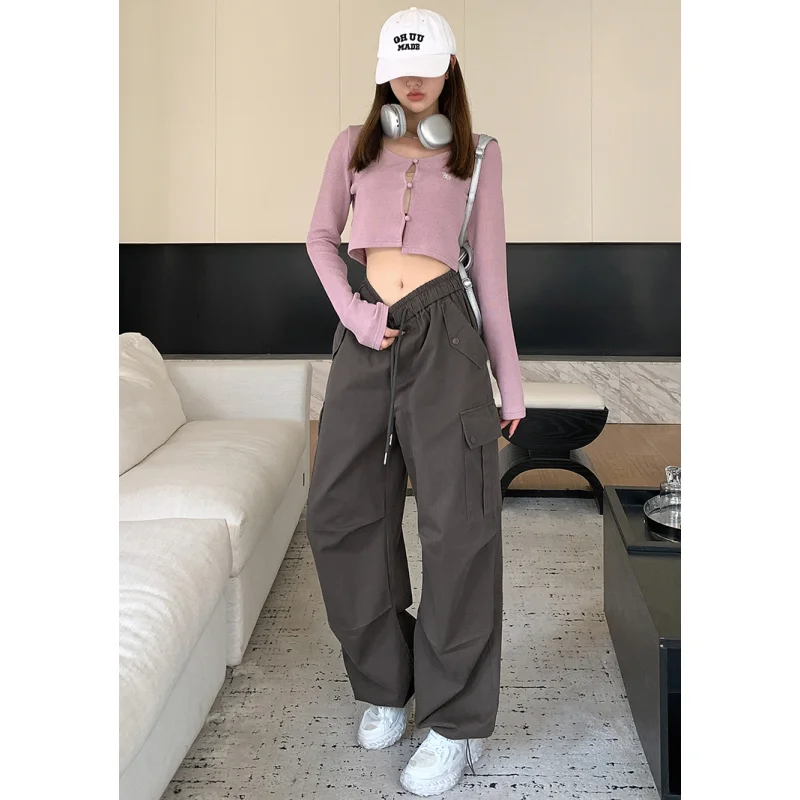 Calça cáqui cargo feminina, cintura alta, perna larga americana, moda Y2K, calça reta monocromática, streetwear feminina, preta, inverno