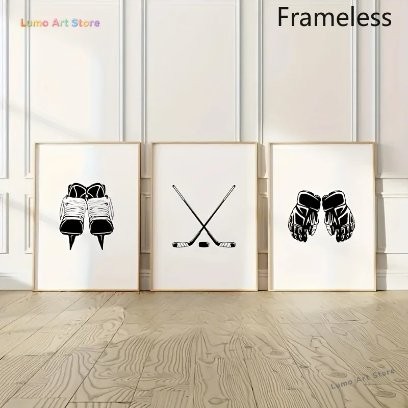 2D Flat, Set of 3 Frameless Canvas Posters, Modern Art Print Gloves, Skating Shoes, Hockey Stick, Wall Art for Bedroom, Livin