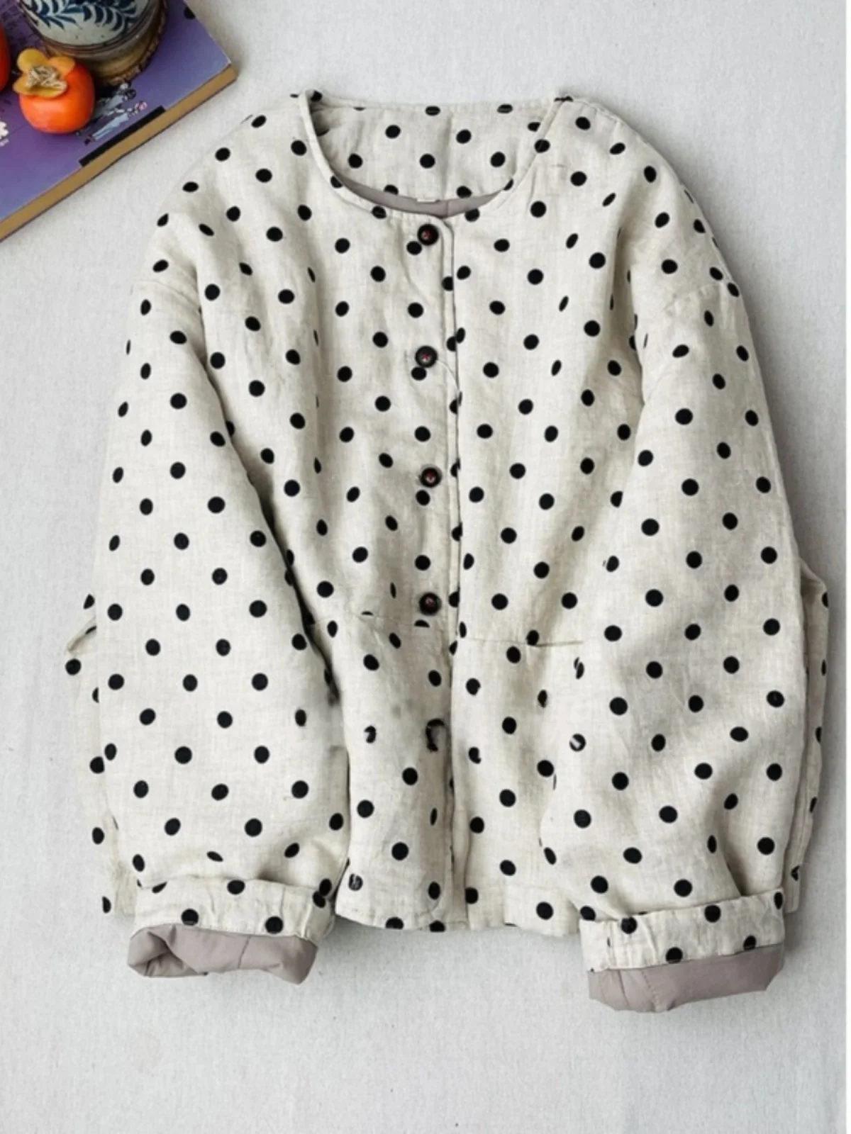 

Хлопковое пальто в горошек в стиле ретро, женское свободное повседневное теплое круглое хлопковое пальто, верхняя одежда, осень-зима, моя