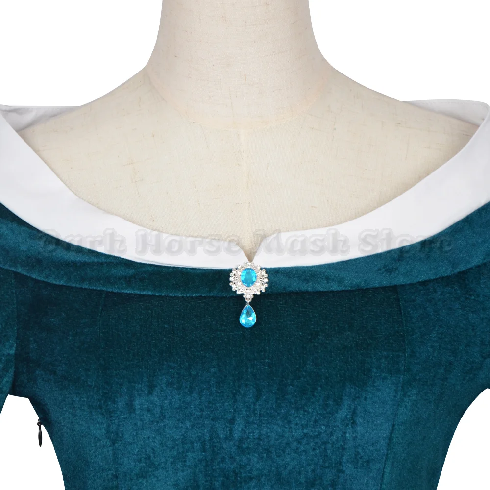 Women's Medieval Renaissance Costume Elf Style Off Shoulder Green Velvet Long Slim-fit Dress with Chiffon Sleeves for Halloween view 5
