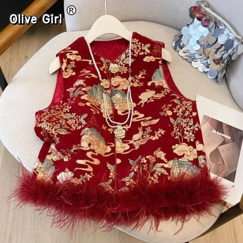 

Женский жилет Olivegirl с жаккардовой вышивкой, элитный комбинированный жилет-пальто для весны, зимы, осени 2026, безрукавка, верхняя одежда