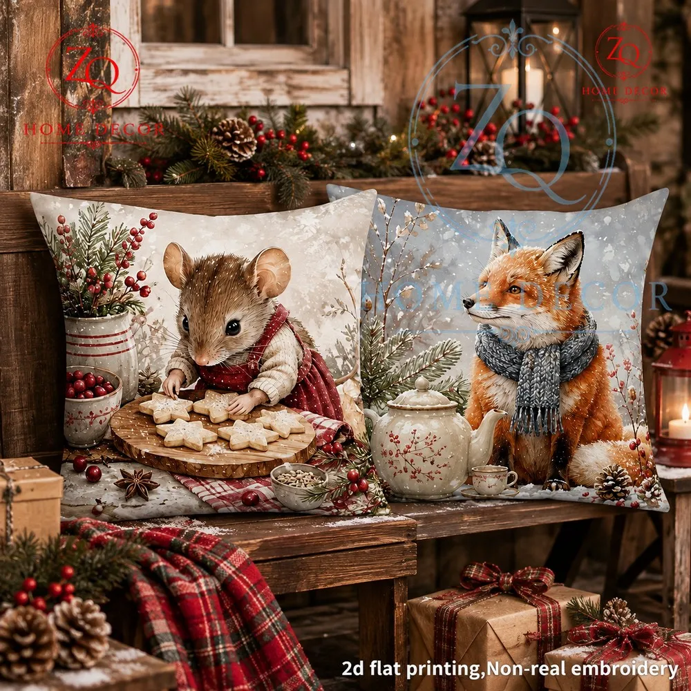Winter scarf gentleman fox afternoon tea pillowcase American retro Christmas mosphere sa cushion cover