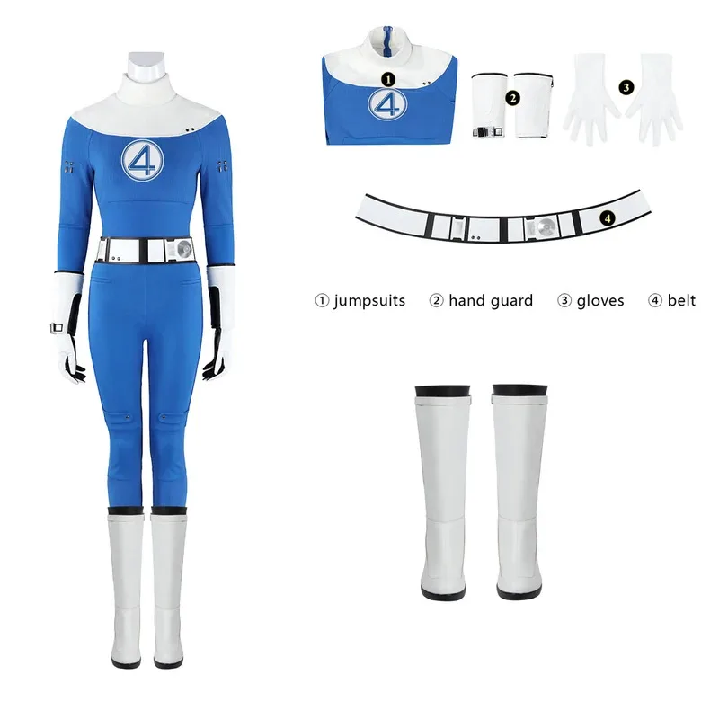

Movie Fantastic Cosplay Four Superhero First Steps Invisible Susan Storm Richards Costume Tight Jumpsuit ShoesHalloween Party