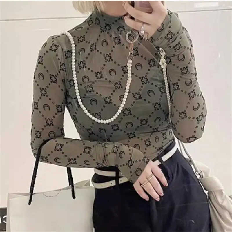 Y2K Sheer Mesh T-Shirt Women Moon Print Flocked Long Sleeve Blouse New Fashion Sexy Casual Tulle Top Versatile Chic