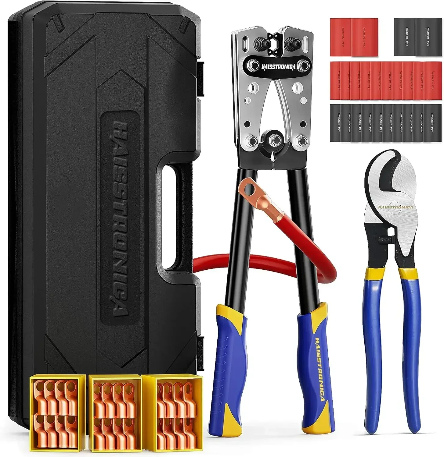 

Heavy Duty Battery Cable Crimping Tool Kit with Ratchet Handle, Cutter, Copper Lugs & Heat Shrink Tubing for AWG Sizes