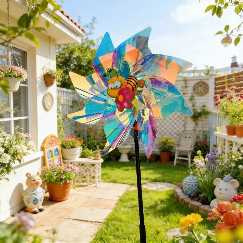 new colorful 8-blade sequins windmill rotating laser windmill outdoor ground plug ornament for garden park farm bird repellent