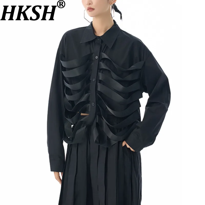 

HKSH весна осень новая женская короткая рубашка нишевый дизайн лента в стиле пэчворк однобортная уличная блузка элегантные топы HK15492