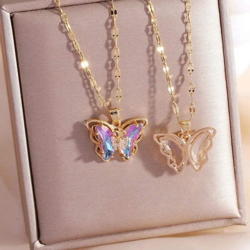 New Trendy Luxury Zircon Butterfly Pendant Necklace for Women Girls Stainless Steel Clavicle Chain Female Elegant Party Jewelry