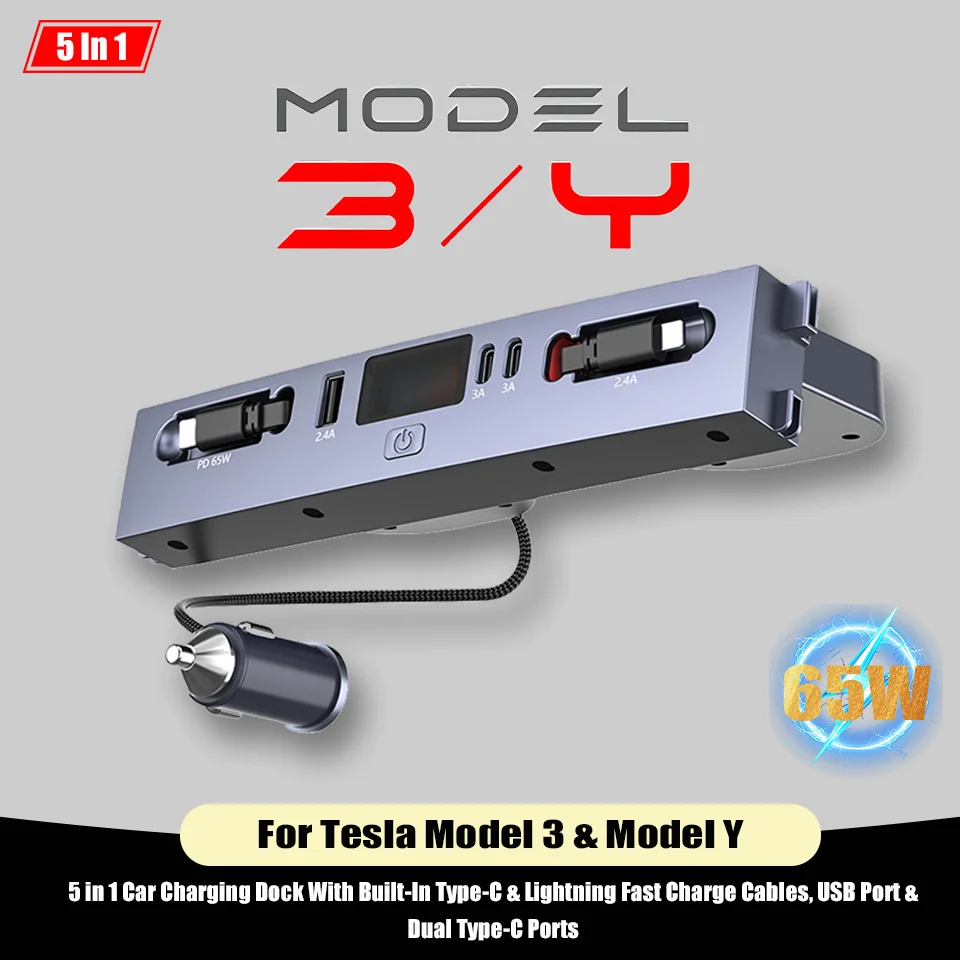 Docking Station for Tesla Model 3 / Y 65W Quick Charger USB Shunt Hub Extension Center Console Smart Sensor Car Lighter Socket