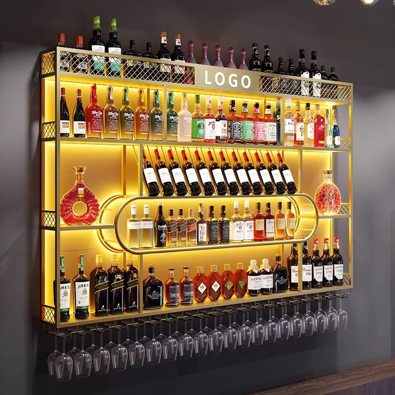 Creative wrought iron wall wall-mounted shelf Wine cabinet Wall luminous display stand Restaurant decoration