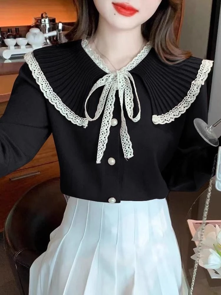 Maglioni lavorati a maglia da donna in pizzo liscio caldo elegante estetico in stile giapponese da indossare per lavorare in promozione Pullover femminile con fiocco di base