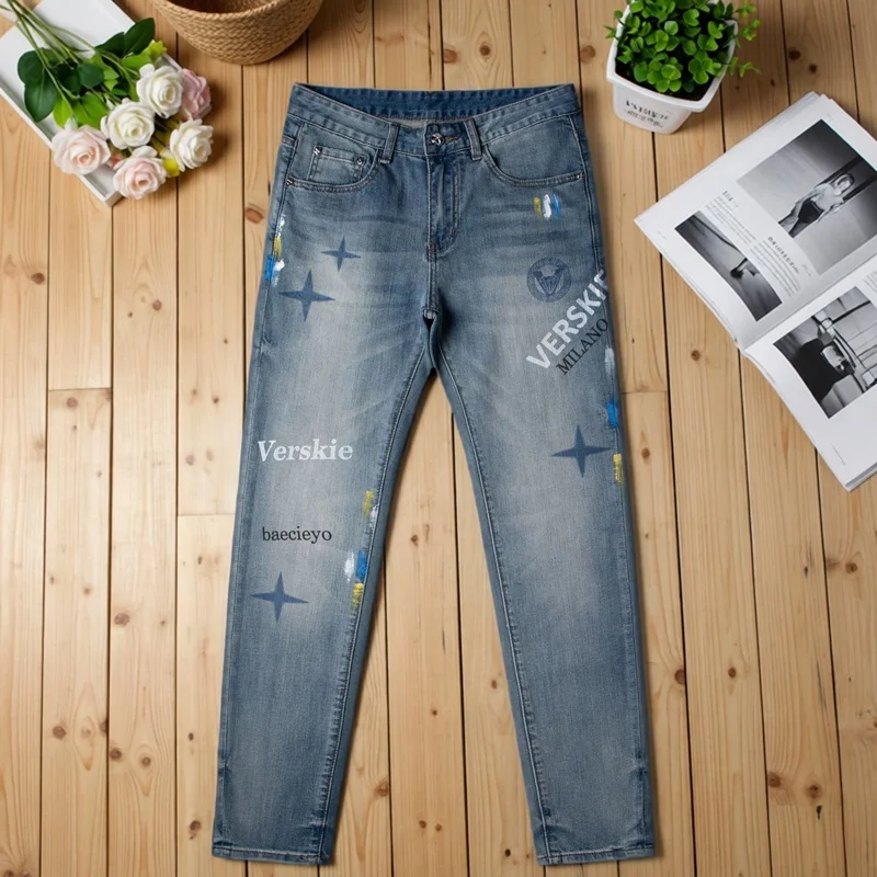 Street Style Graffiti Printed Slim Fit Men's Jeans Fashionable Trendy Long Pants Spring Summer New Arrival Cotton Polyester B...